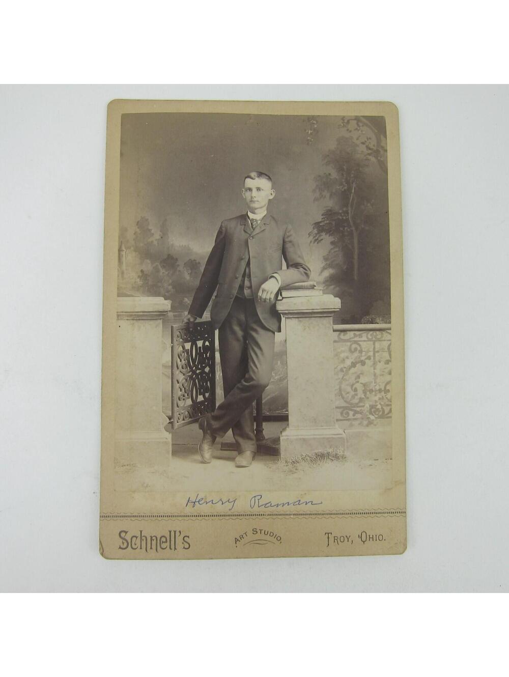 Cabinet Card Photograph Young Man Stand at Gate Henry Raman Troy Ohio Antique